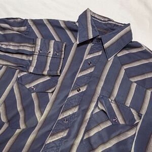 Rustler Western Shirt L Blue Striped Long Tail Snap Button Cowboy Vintage Style